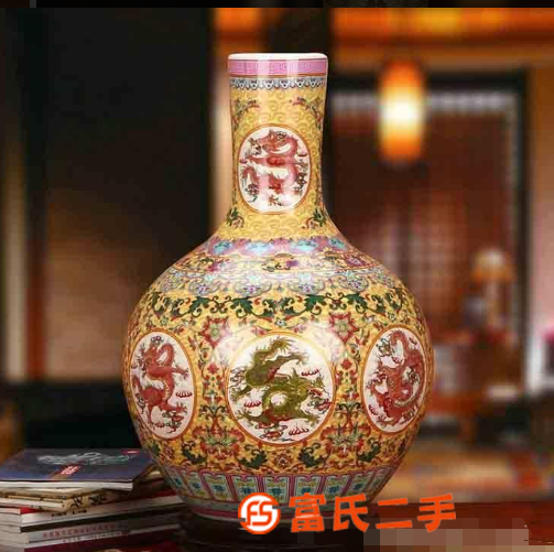 景德鎮陶瓷器仿古手繪重工粉彩九龍圖天球瓶