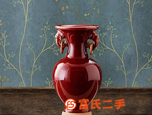 景德鎮陶瓷器仿古鈞瓷郎紅雙耳小花瓶 中式博古架擺件
