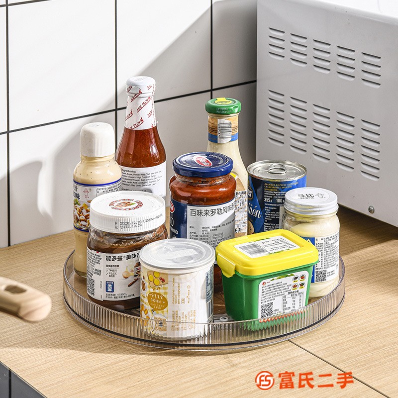 置物架多功能旋轉(zhuǎn)式廚房調(diào)味品調(diào)料瓶水果盤PET單層置物收納架 