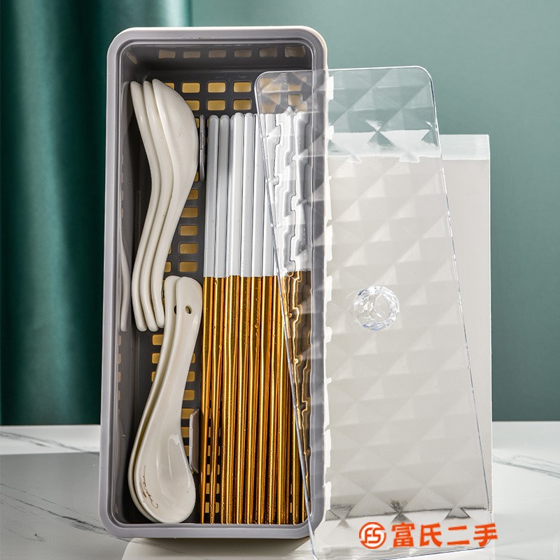 方形帶蓋筷子盒置物架雙層瀝水筷子簍筷子筒廚房放勺子餐具收納盒
